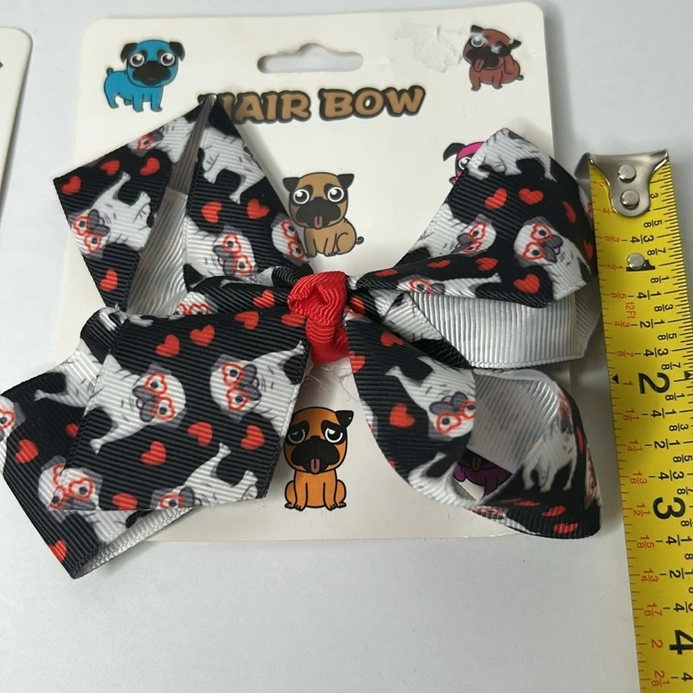 PUG Dogs Grosgrain All Over Print Bundle of 3 Adorable Hair Bows‎ Super Cute NWT